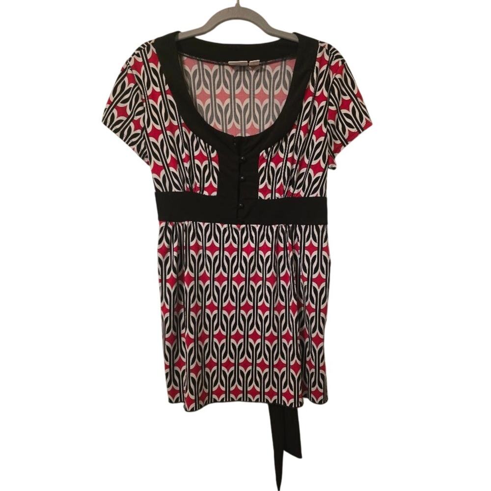 CATO Womens Large Geometric Print Tie Back Tunic Top Black Red